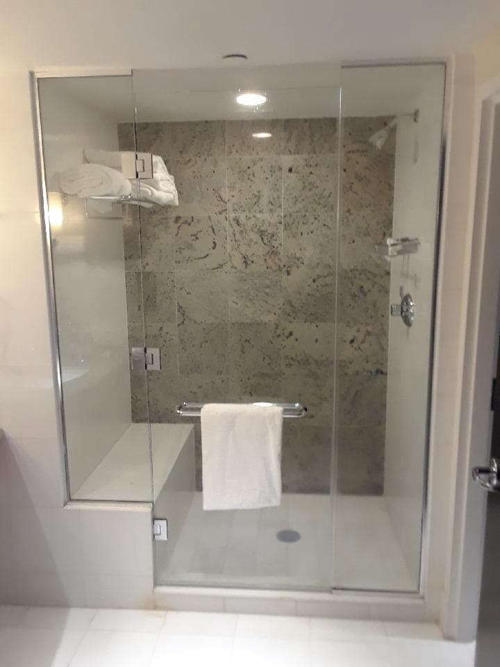 marble neo-angle steam shower, gold rainhead