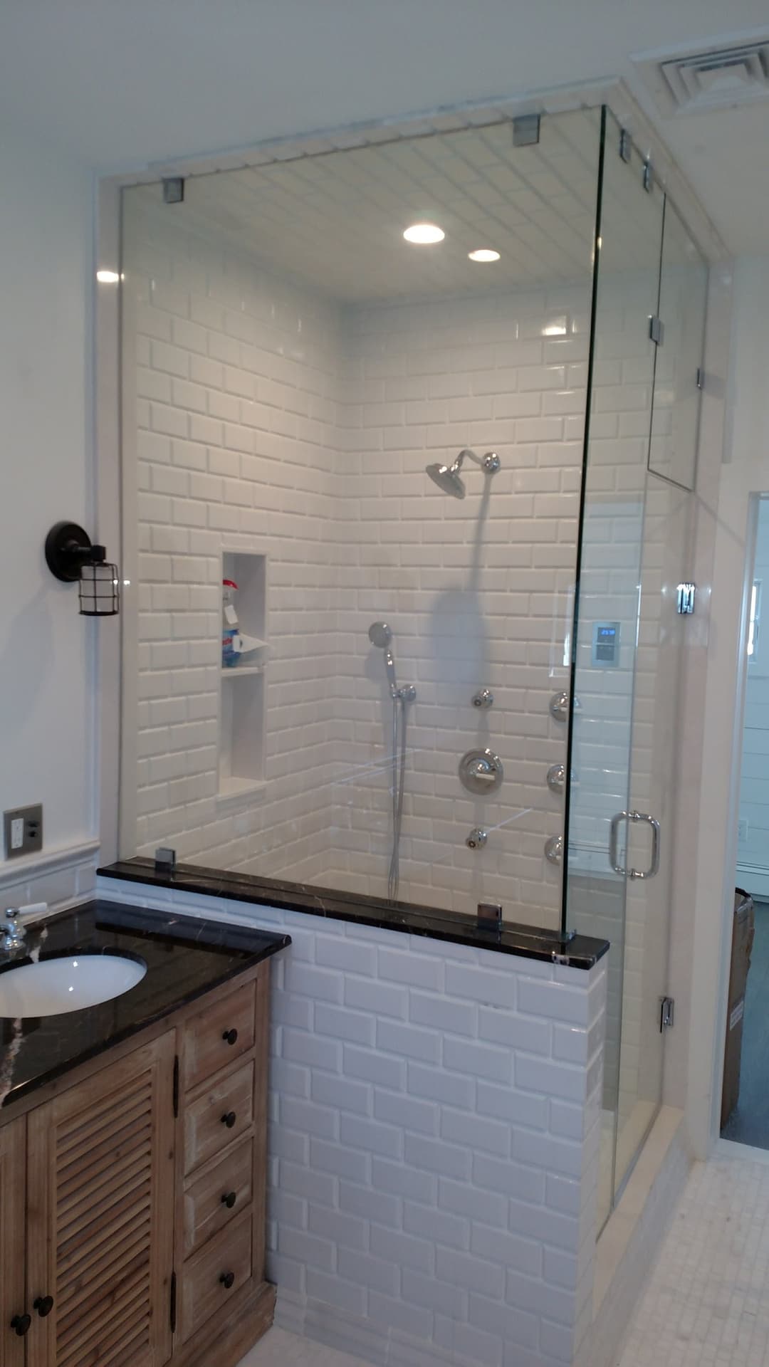 arabesque tile steam shower, gold rainhead